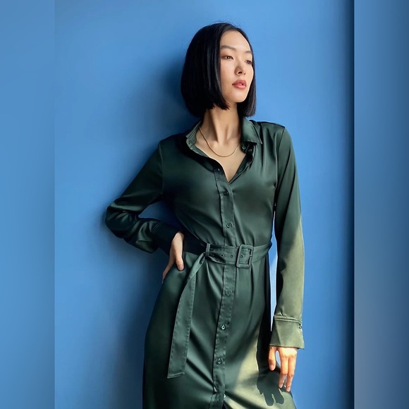 Babaton Dresses & Skirts - Aritzia Babaton Amory Green Satin Maxi Shirt Dress in Scarab Beetle